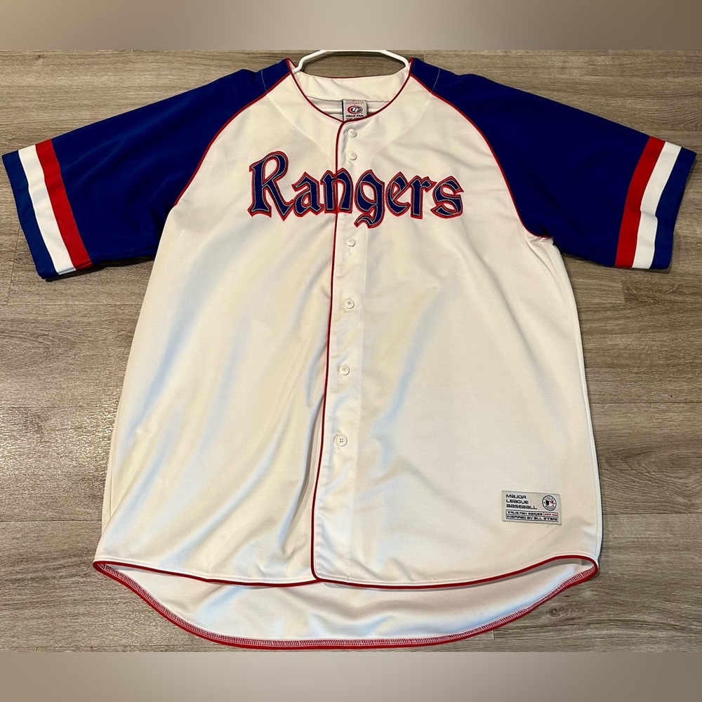 Texas Rangers MLB True Fan White Blue Red Jersey 100% Poly Men’s Size 2XL 50-52